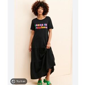 Farm Rio Dress In Happiness Black T-Shirt Maxi Dress Cotton Tiered XS